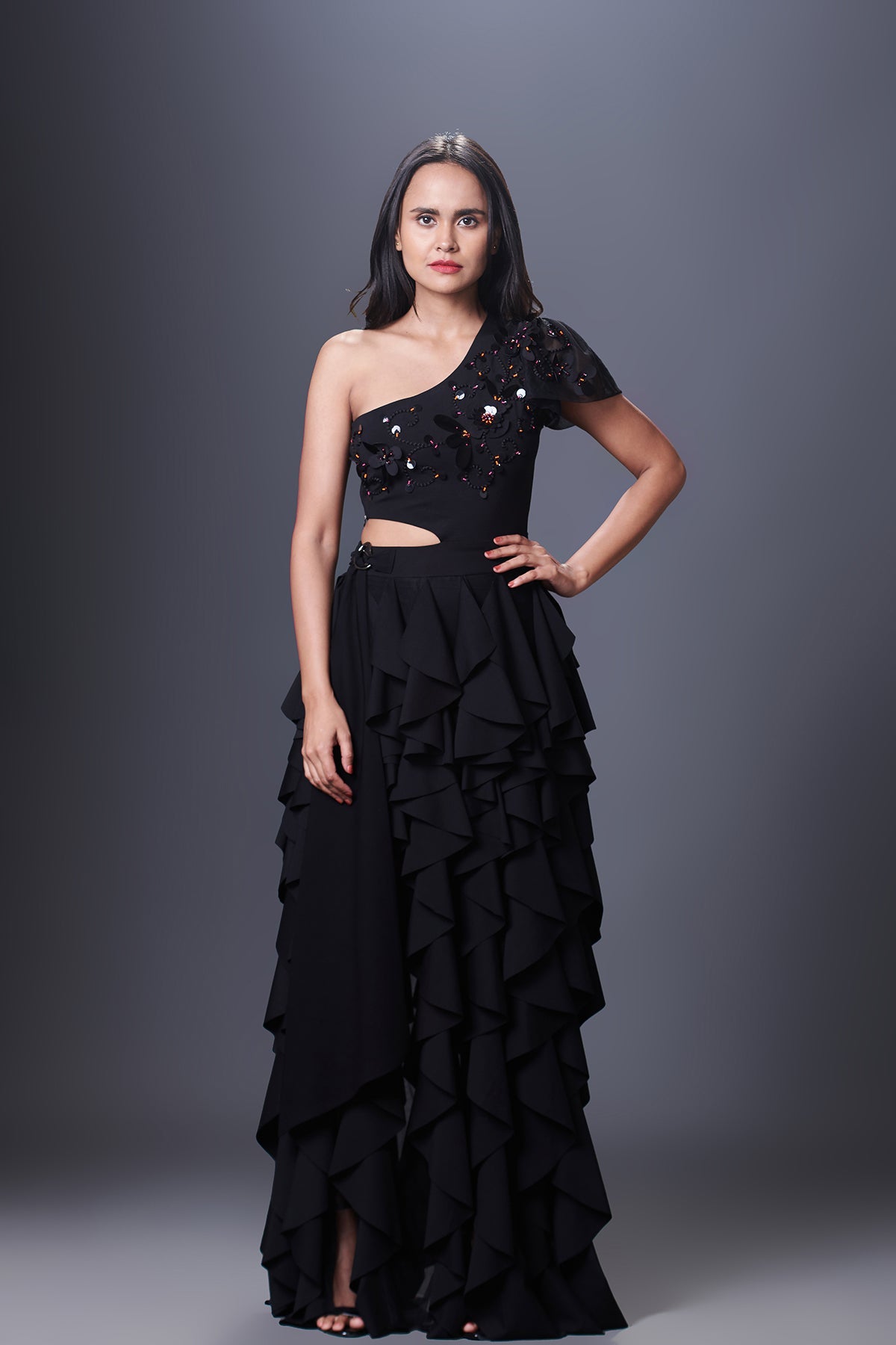 Black Hand Embroidered One Shoulder Ruffle Dress