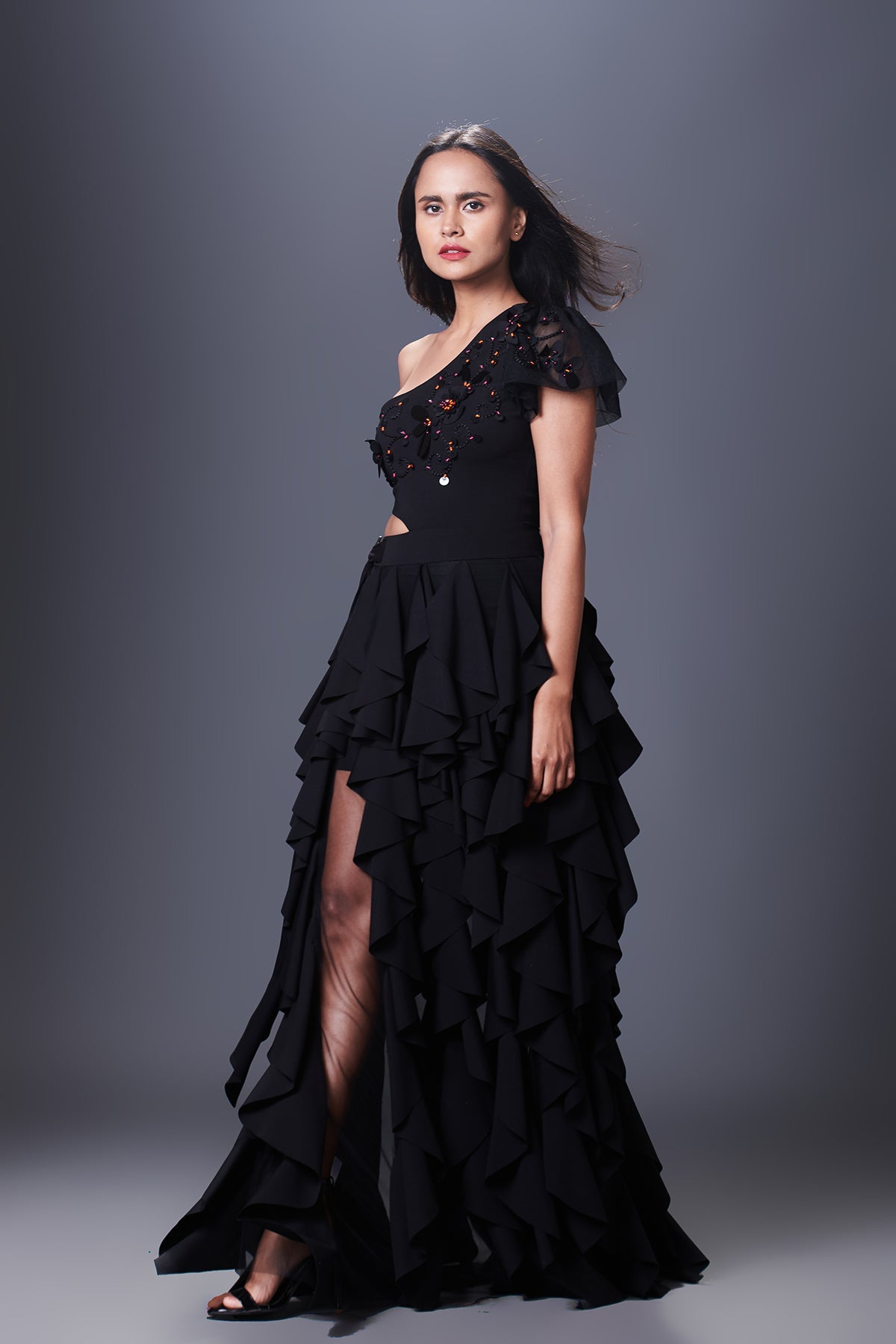 Black Hand Embroidered One Shoulder Ruffle Dress