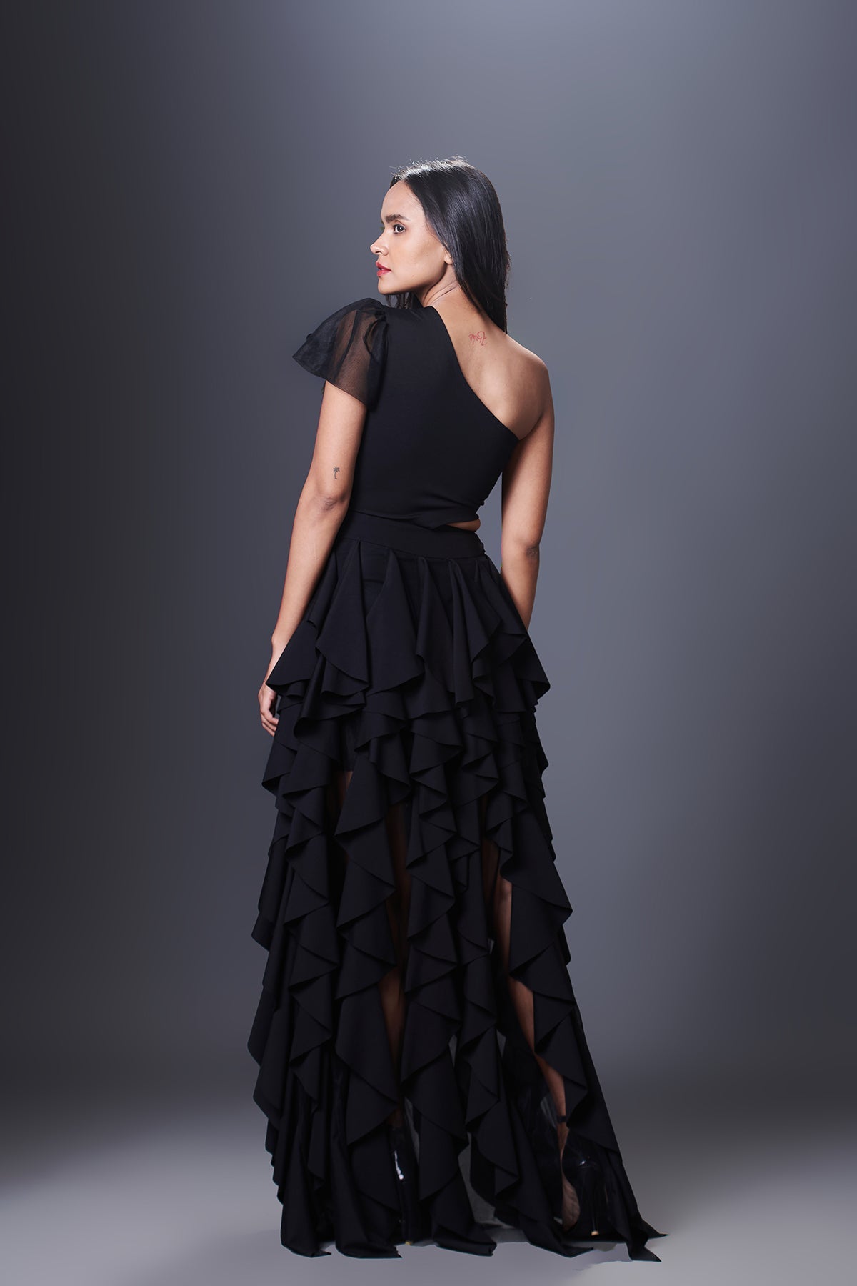 Black Hand Embroidered One Shoulder Ruffle Dress