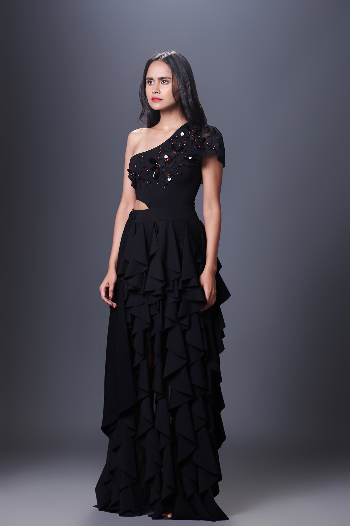 Black Hand Embroidered One Shoulder Ruffle Dress