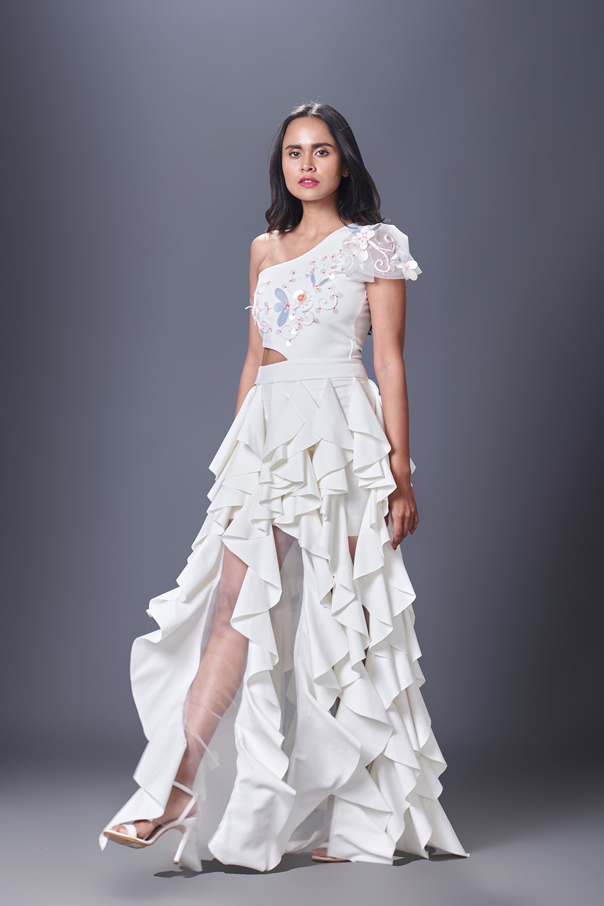 White Hand Embroidered One Shoulder Ruffle Dress