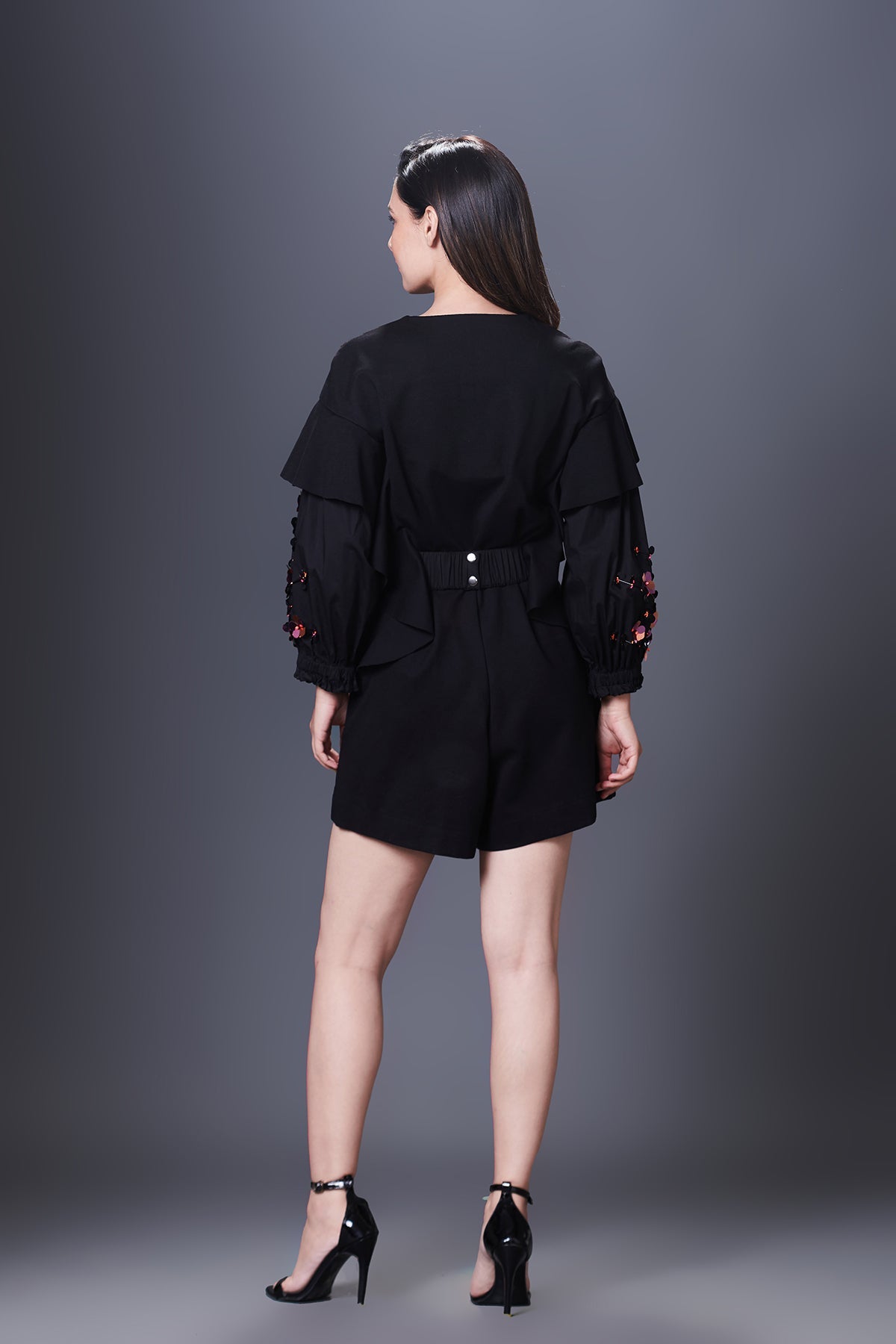 Black Playsuit With Hand Embroidered Sleeve & Belt