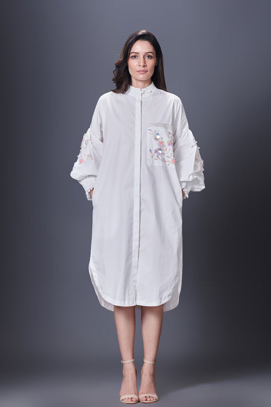 White Shirt Dress With Hand Embroidered Pocket And Sleeves