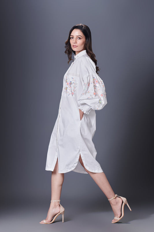 White Shirt Dress With Hand Embroidered Pocket And Sleeves