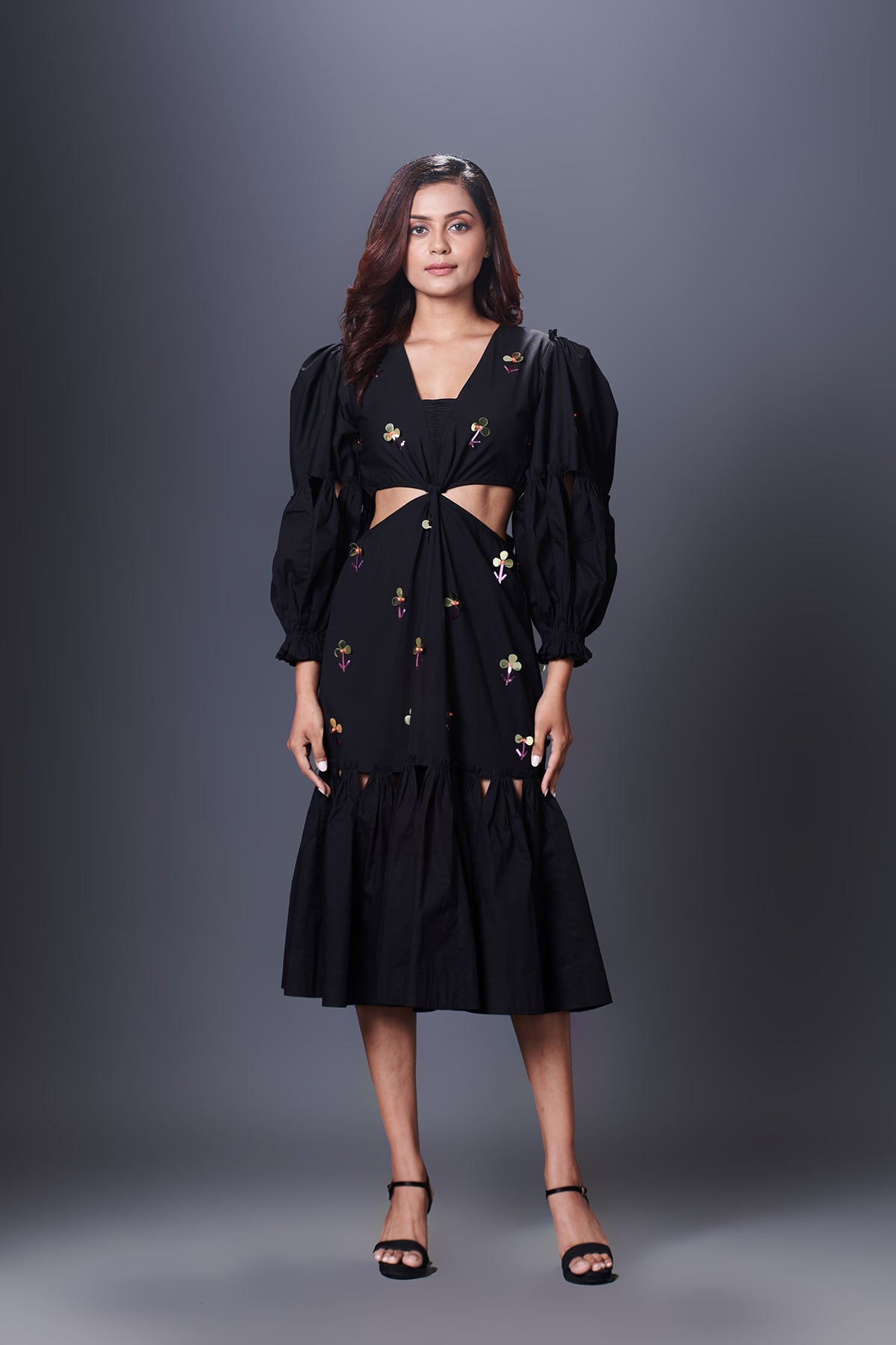 Black Hand Embroidered Cutout Dress With Puffed Sleeves