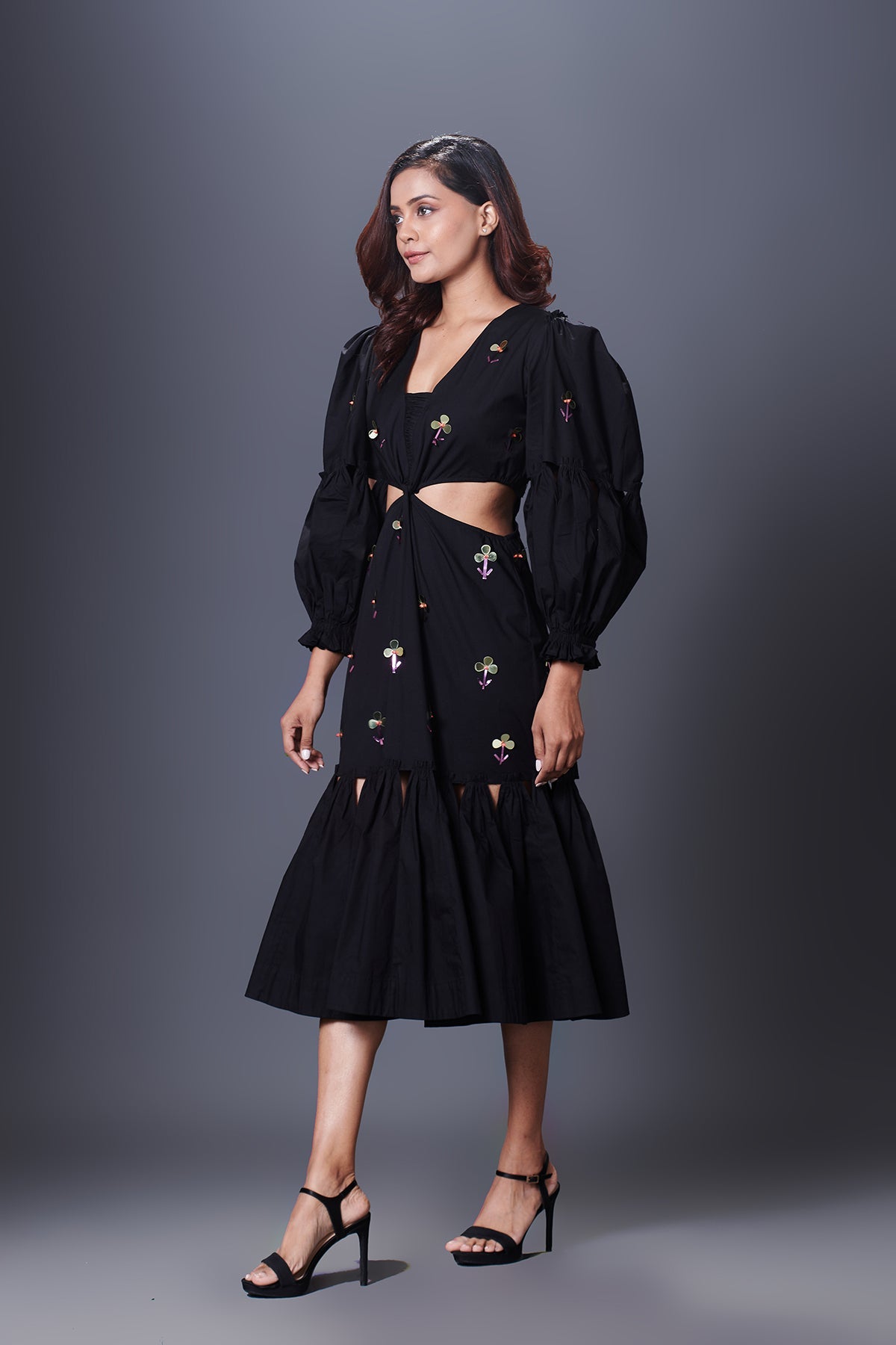 Black Hand Embroidered Cutout Dress With Puffed Sleeves