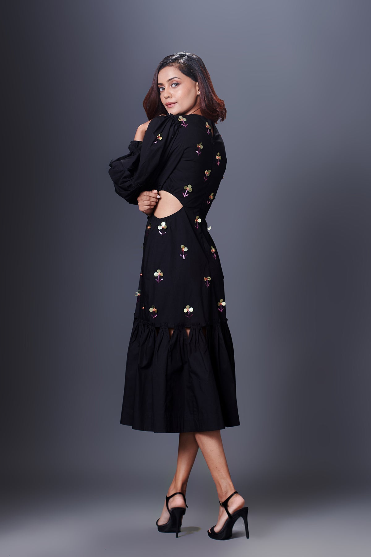 Black Hand Embroidered Cutout Dress With Puffed Sleeves