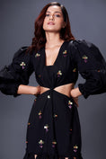 Load image into Gallery viewer, Black Hand Embroidered Cutout Dress With Puffed Sleeves
