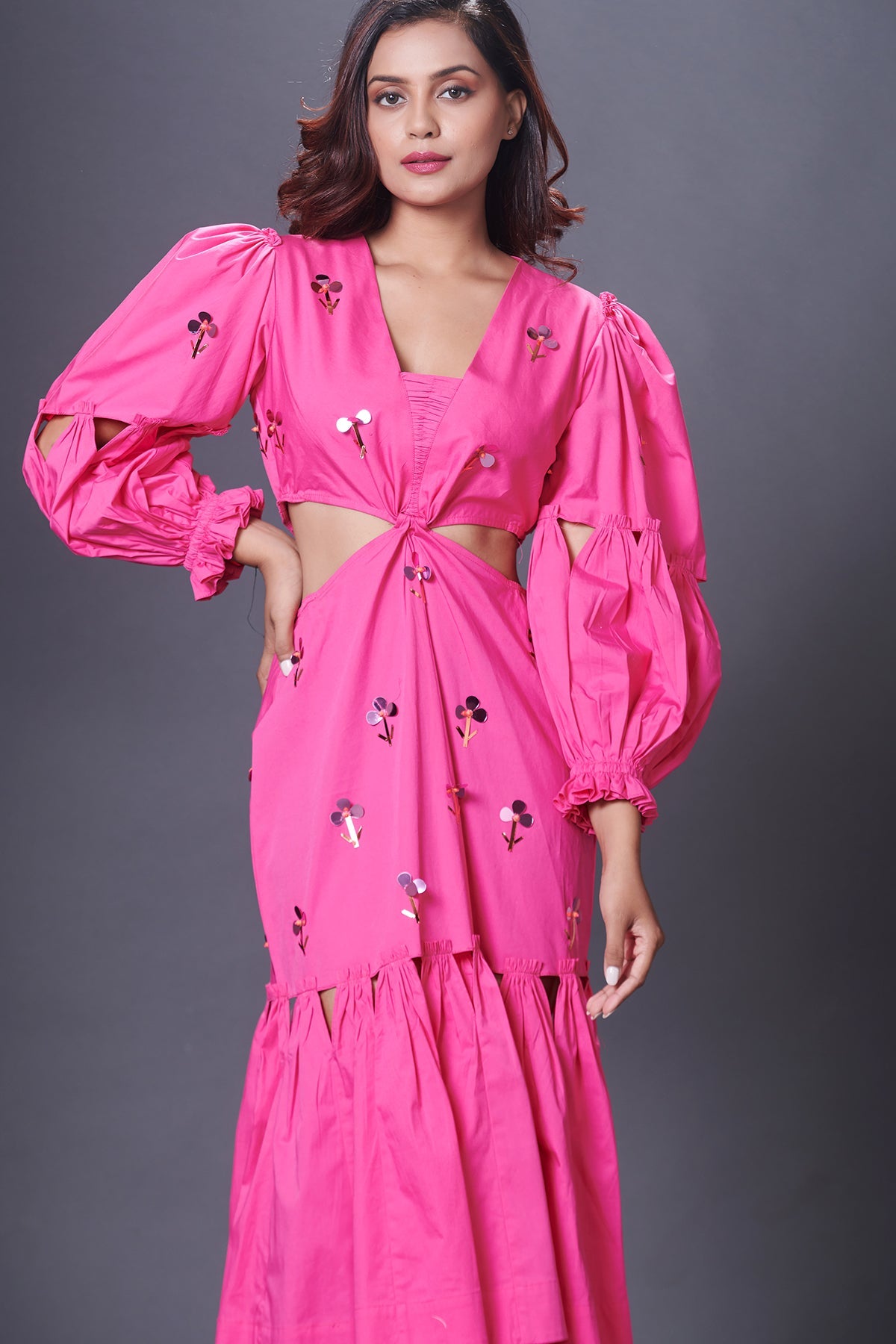 Pink Hand Embroidered Cutout Dress With Puffed Sleeves