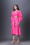 Load image into Gallery viewer, Pink Hand Embroidered Cutout Dress With Puffed Sleeves
