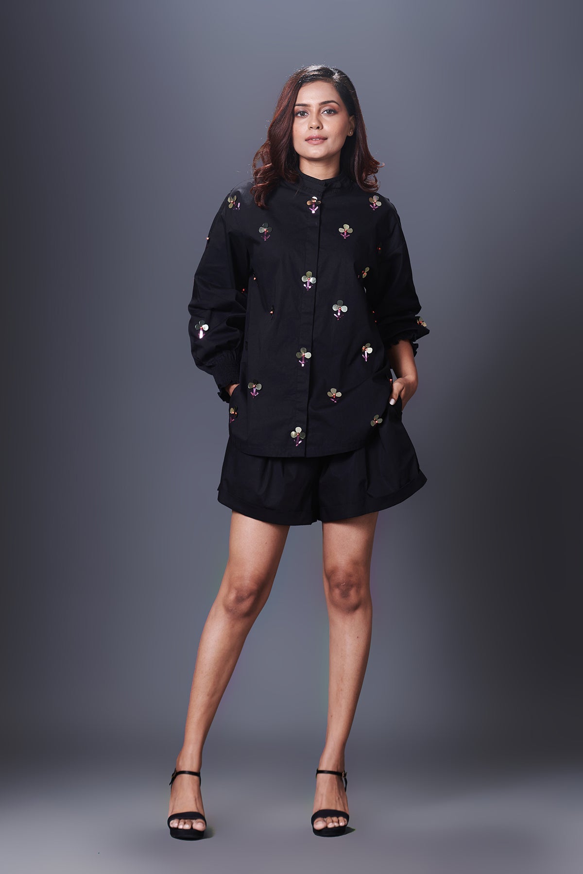 Black Hand Embroidered Shirt With Shorts Co-Ord Set