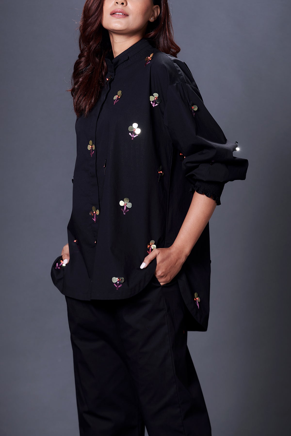 Black Hand Embroidered Shirt With Pants Co-Ord Set