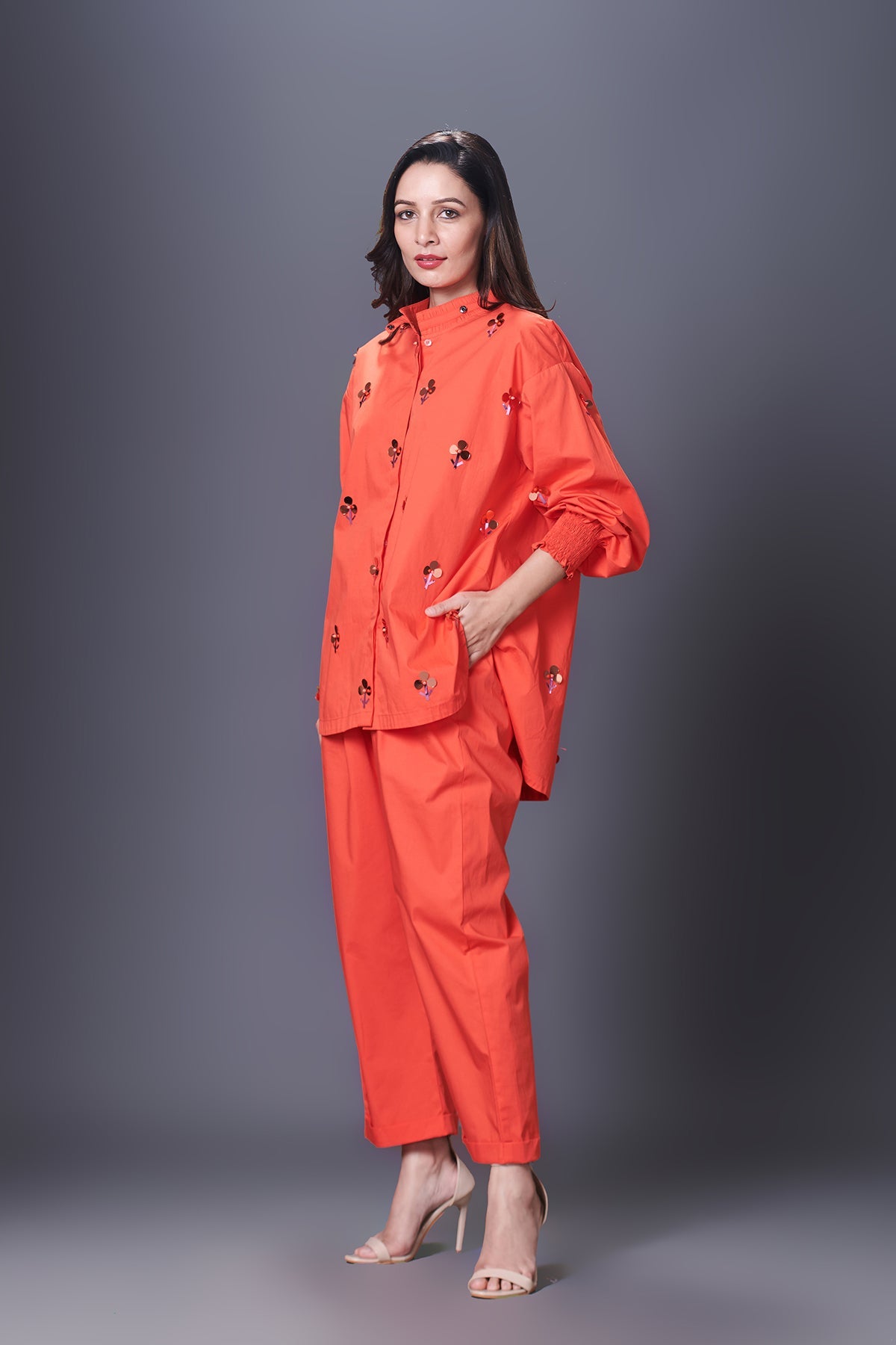 Orange Hand Embroidered Shirt With Pants Co-Ord Set