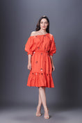 Load image into Gallery viewer, Orange Hand Embroidered Off-Shoulder Side Cutout Dress
