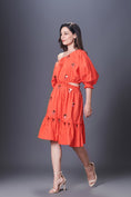 Load image into Gallery viewer, Orange Hand Embroidered Off-Shoulder Side Cutout Dress
