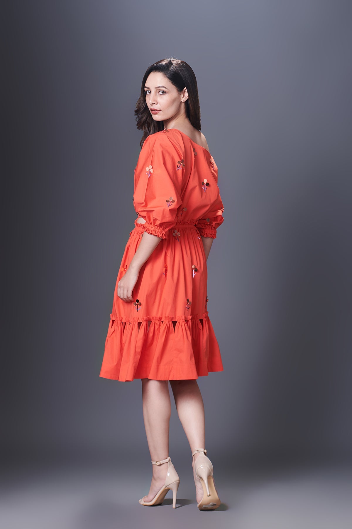 Orange Hand Embroidered Off-Shoulder Side Cutout Dress