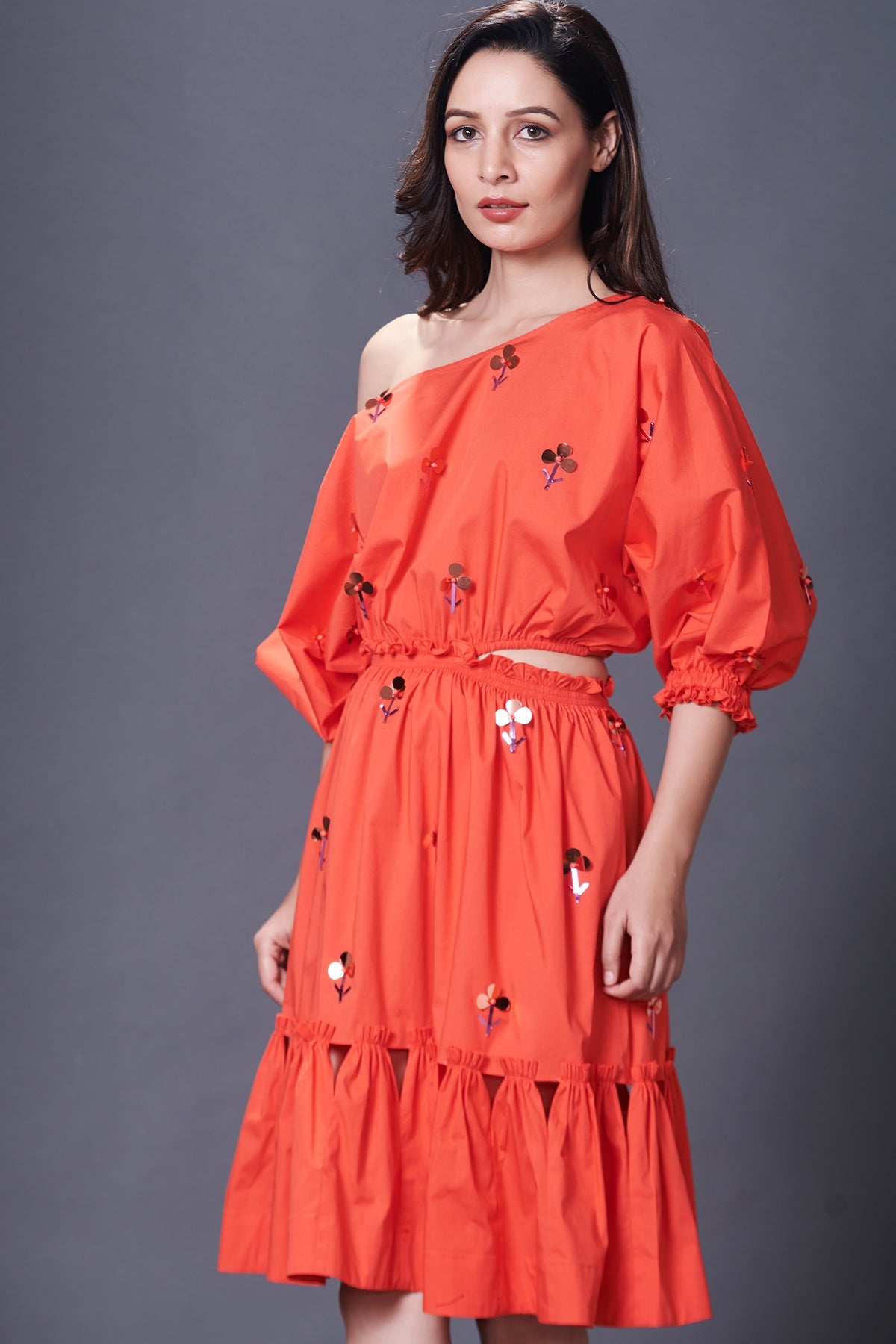 Orange Hand Embroidered Off-Shoulder Side Cutout Dress