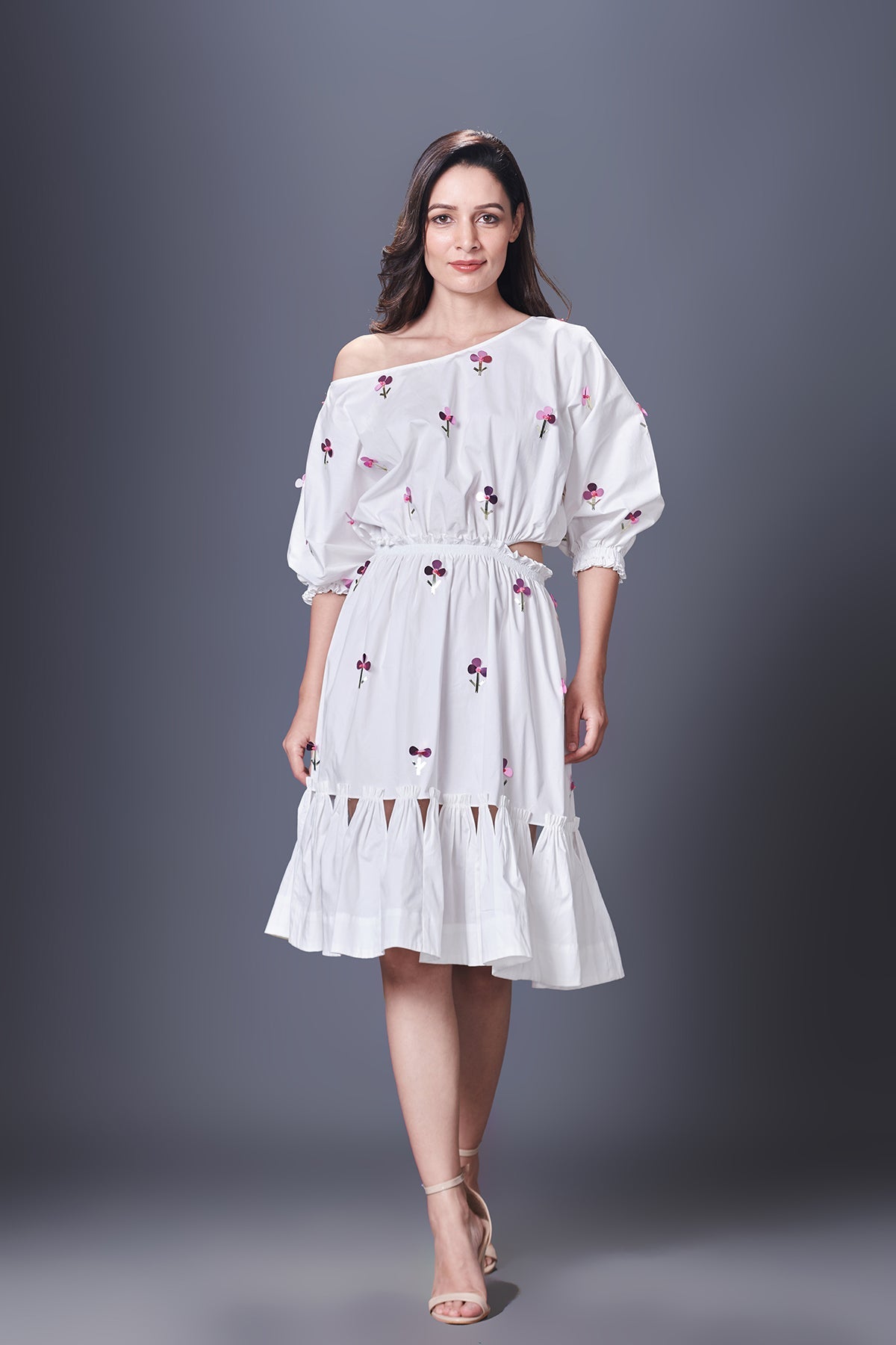White Hand Embroidered Off-Shoulder Side Cutout Dress