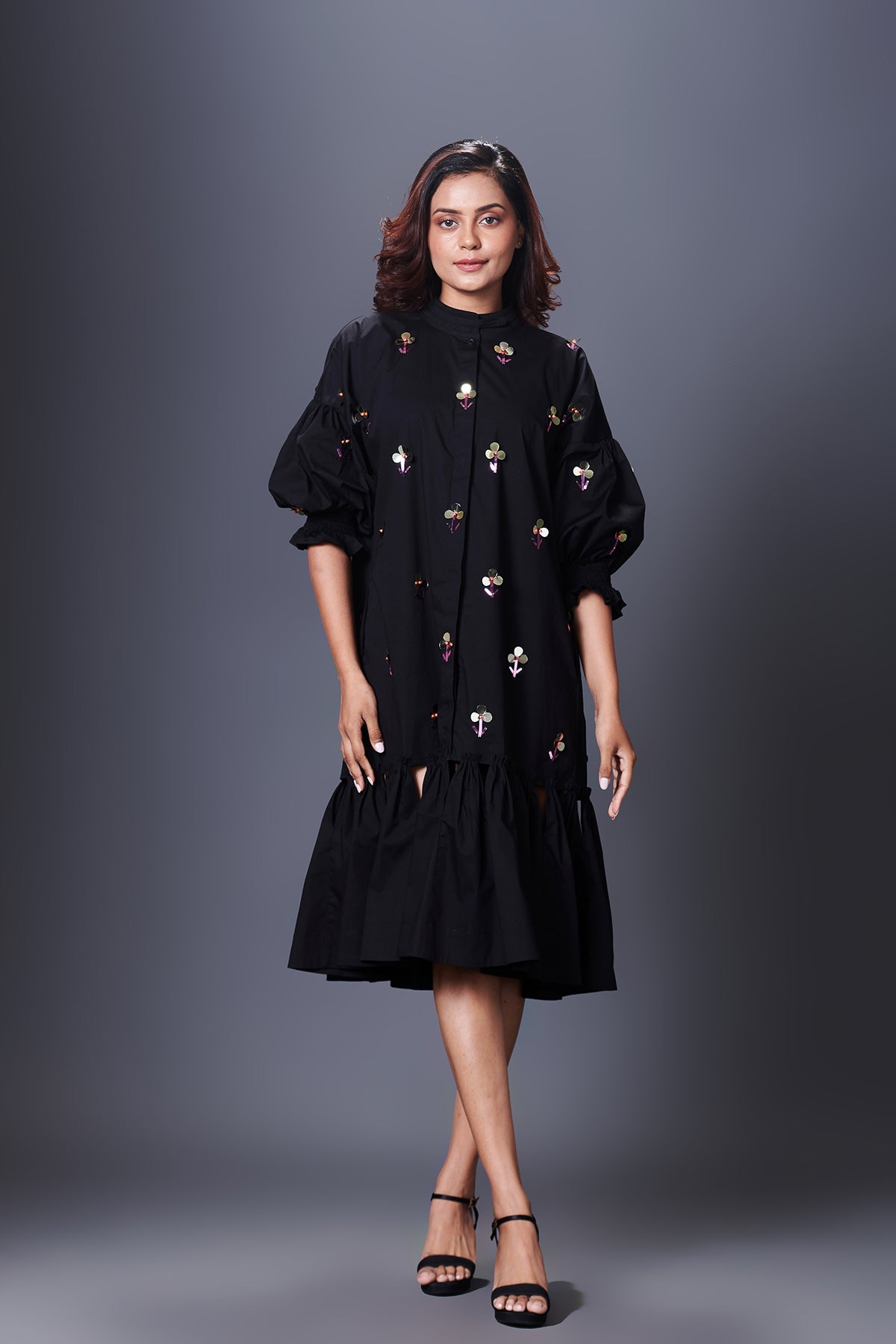Black Hand Embroidered Chinese Collar Puffed Sleeve Dress