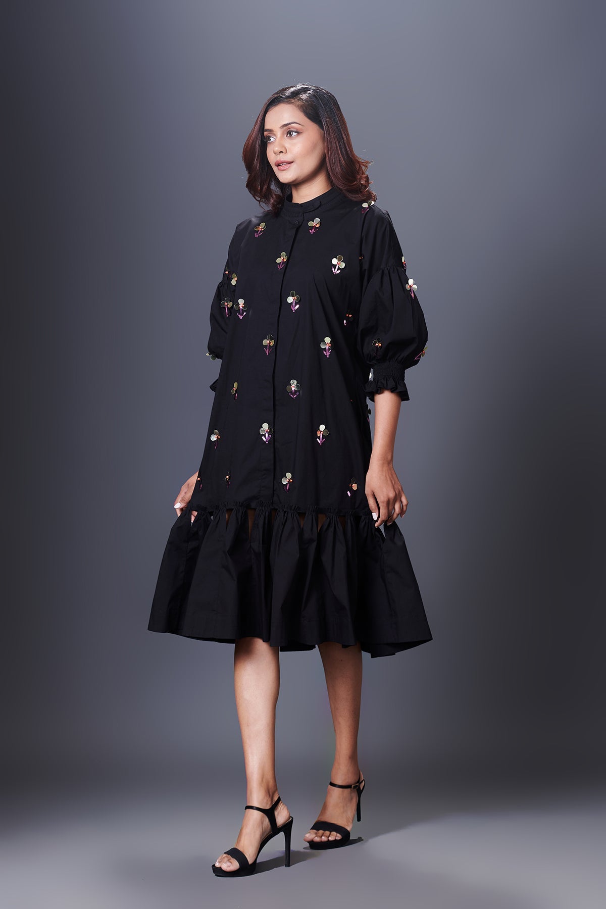 Black Hand Embroidered Chinese Collar Puffed Sleeve Dress