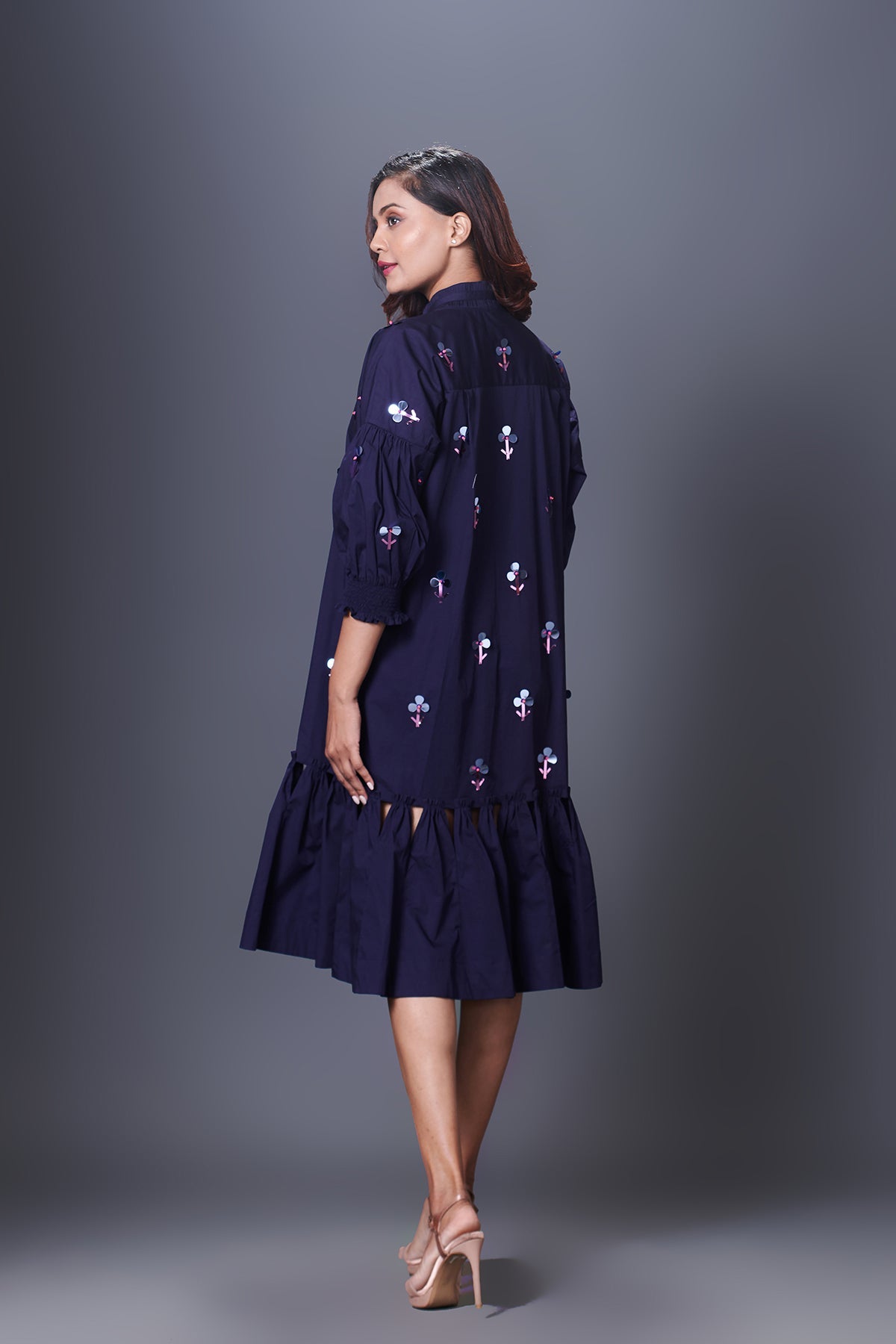 Purple Hand Embroidered Chinese Collar Puffed Sleeve Dress