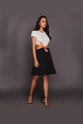 Load image into Gallery viewer, White & Black Short Midi Dress With Orange Side Tie-Up
