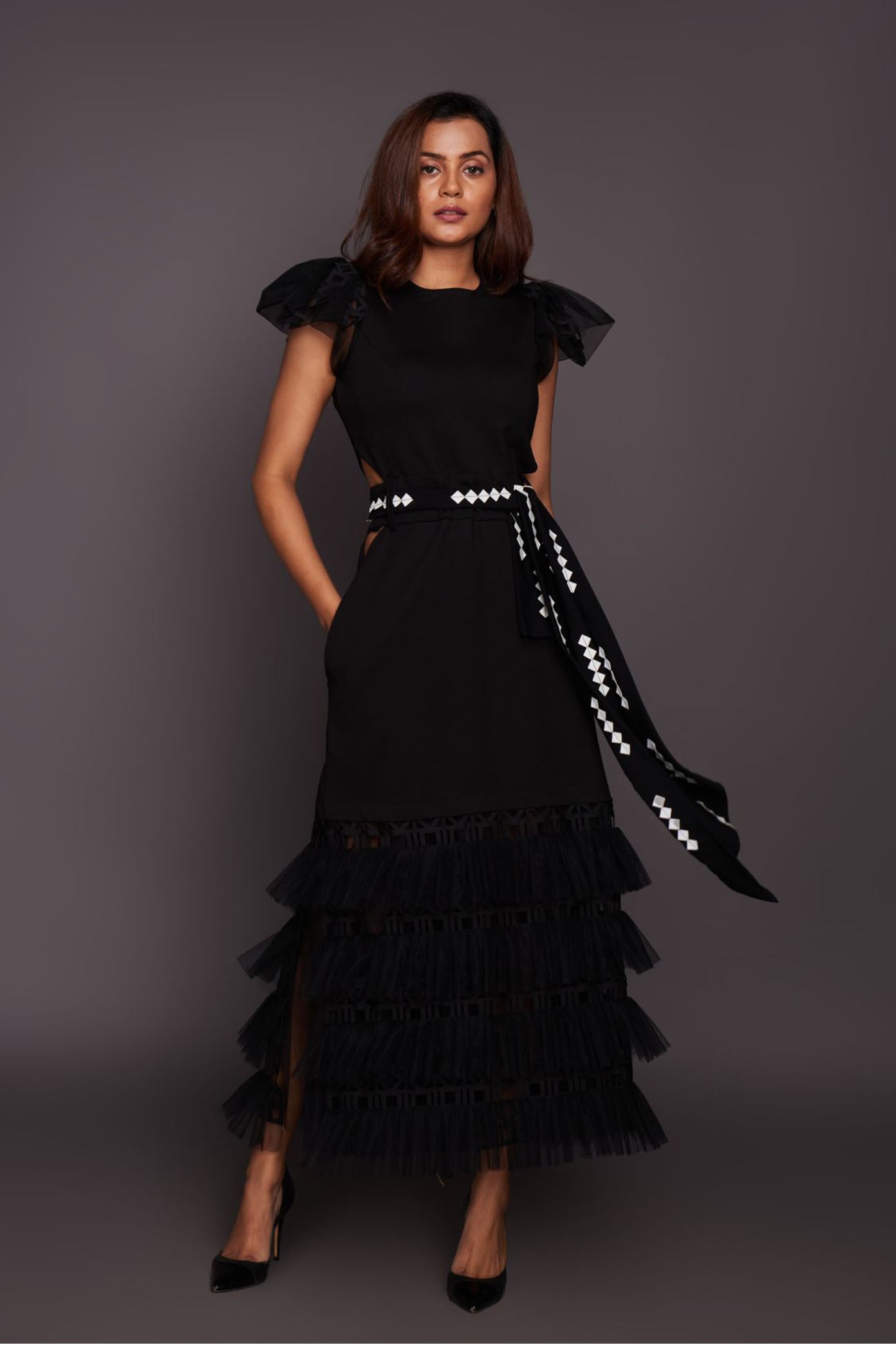 Black Back Open Cutwork Dress With Patchwork Belt