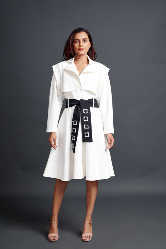 White Jacket Dress With Sash Belt