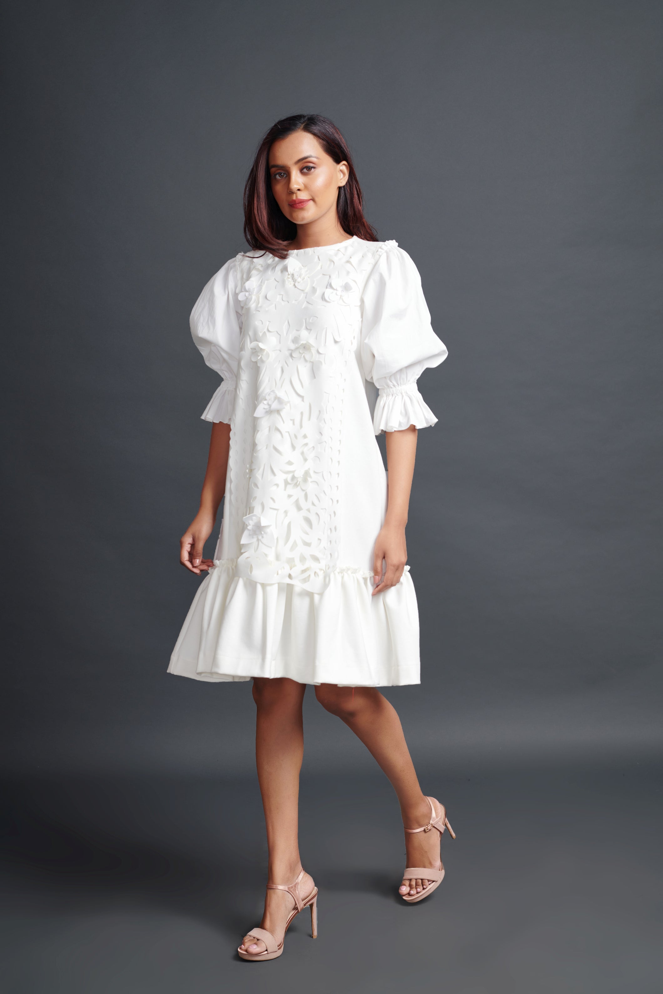 embroidered cutwork dress Black Embroidered Flowers Topstitching Long Sleeve Mini Dress main image 0