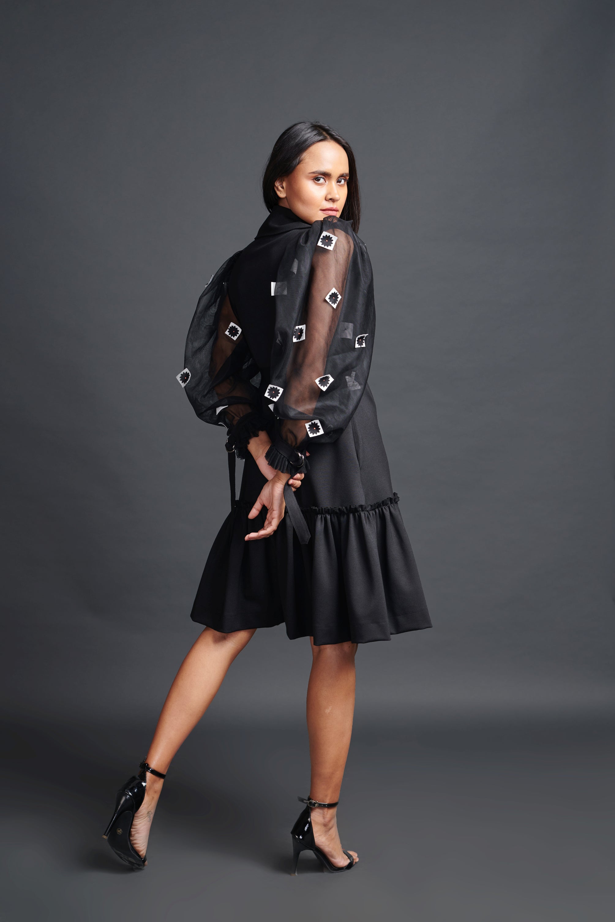 Black Jacket Dress With Cutwork Sleeves