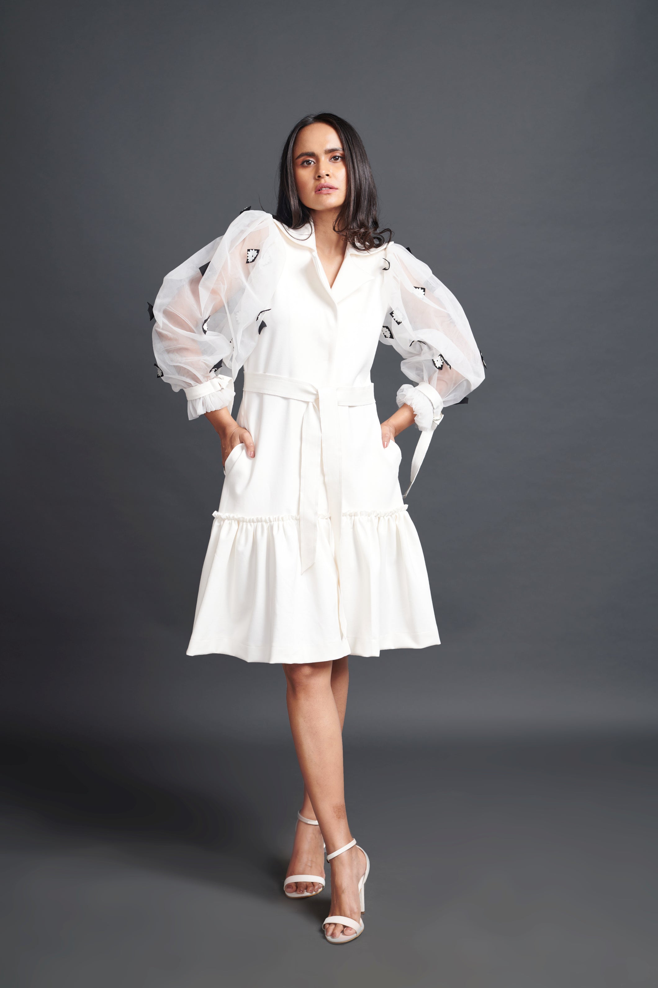 White Jacket Dress With Cutwork Sleeves