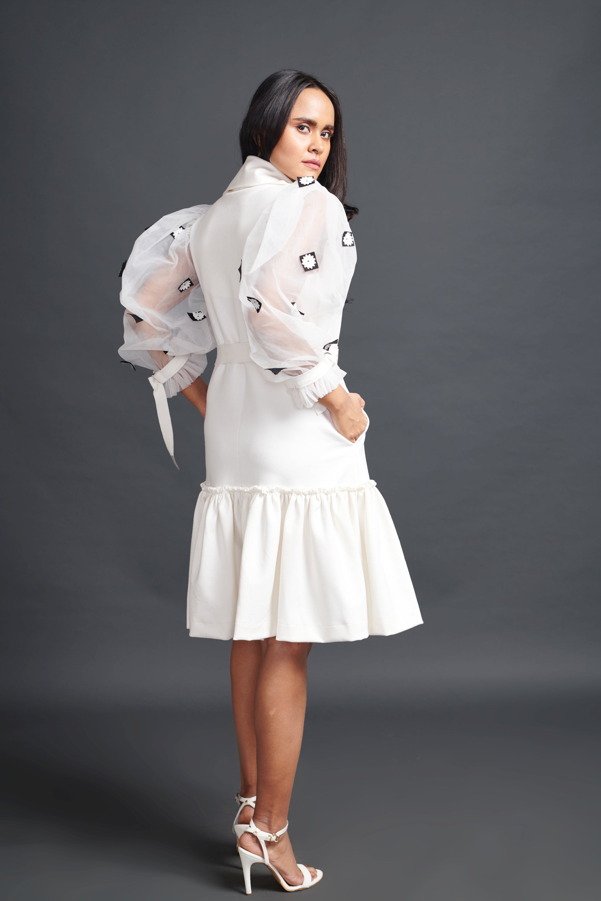 White Jacket Dress With Cutwork Sleeves